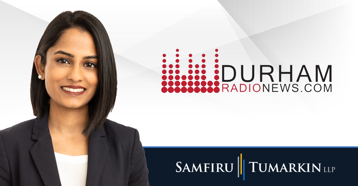 A headshot of Canadian employment lawyer Fiona Martin next to the Samfiru Tumarkin LLP and Durham Radio News logos.
