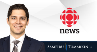 A headshot of Canadian employment lawyer Jon Pinkus next to the Samfiru Tumarkin LLP and CBC News logos.