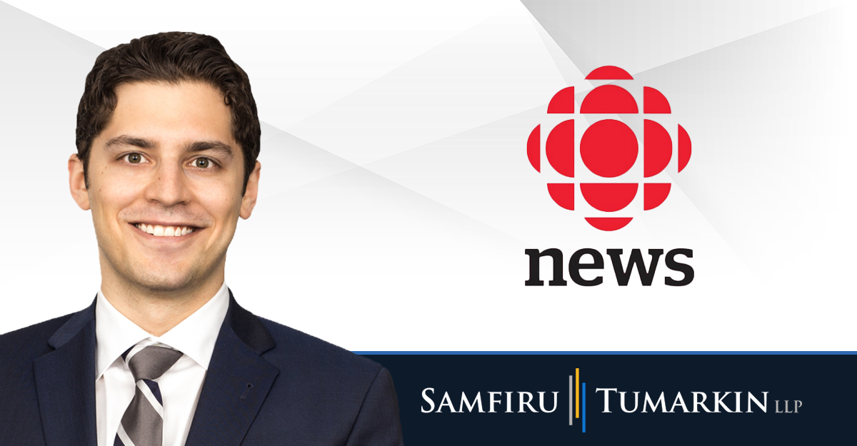 A headshot of Canadian employment lawyer Jon Pinkus next to the Samfiru Tumarkin LLP and CBC News logos.
