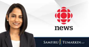 A headshot of Canadian employment lawyer Fiona Martin next to the Samfiru Tumarkin LLP and CBC News logos.