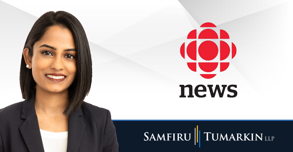 A headshot of Canadian employment lawyer Fiona Martin next to the Samfiru Tumarkin LLP and CBC News logos.