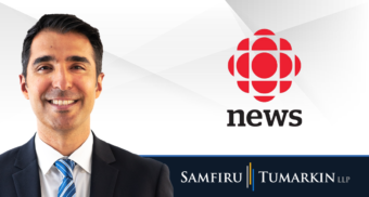 A headshot of Canadian employment lawyer Dan Balkaran next to the Samfiru Tumarkin LLP and CBC News logos.