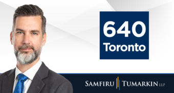 A headshot of Canadian employment lawyer Lluc Cerda next to the logos for Samfiru Tumarkin LLP and radio station 640 Toronto.