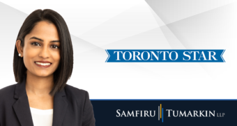 A headshot of Canadian employment lawyer Fiona Martin next to the Samfiru Tumarkin LLP and Toronto Star logos.