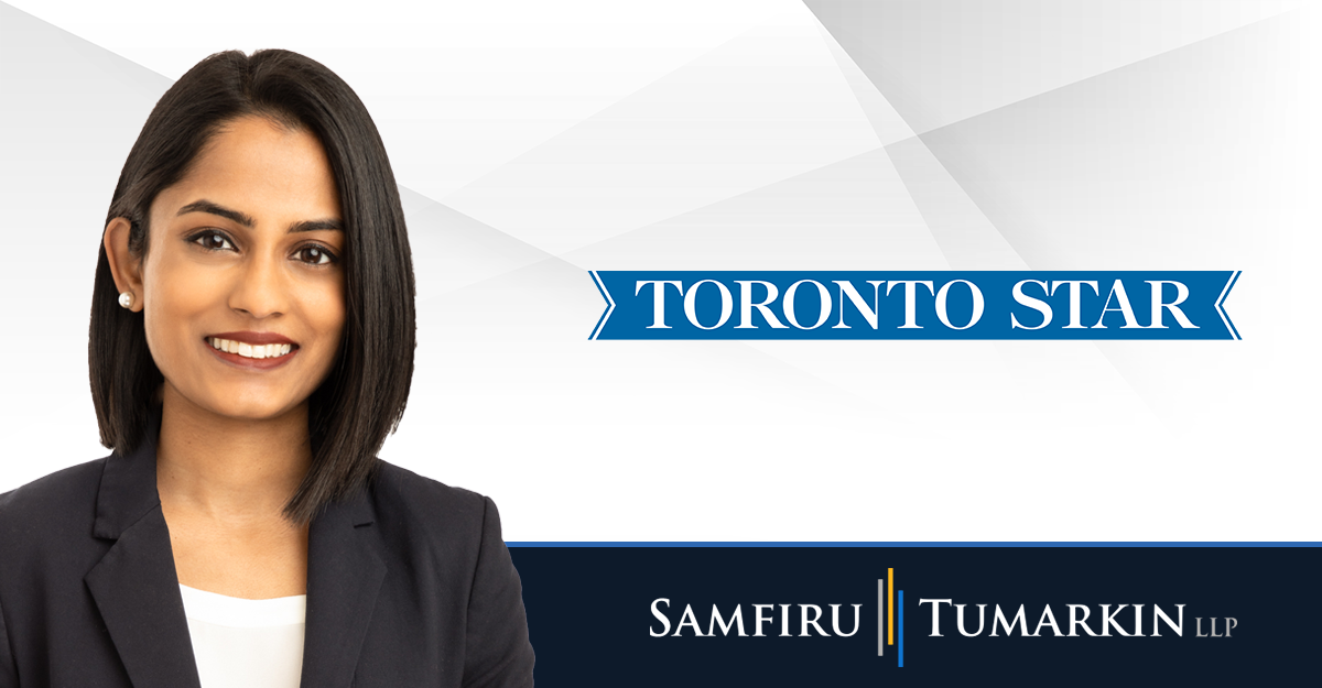 A headshot of Canadian employment lawyer Fiona Martin next to the Samfiru Tumarkin LLP and Toronto Star logos.