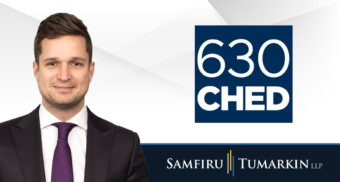 A headshot of Employment Lawyer Chris Justice at Samfiru Tumarkin LLP, to the left of the logos for radio station 630 CHED in Edmonton and the Samfiru Tumarkin LLP law firm.