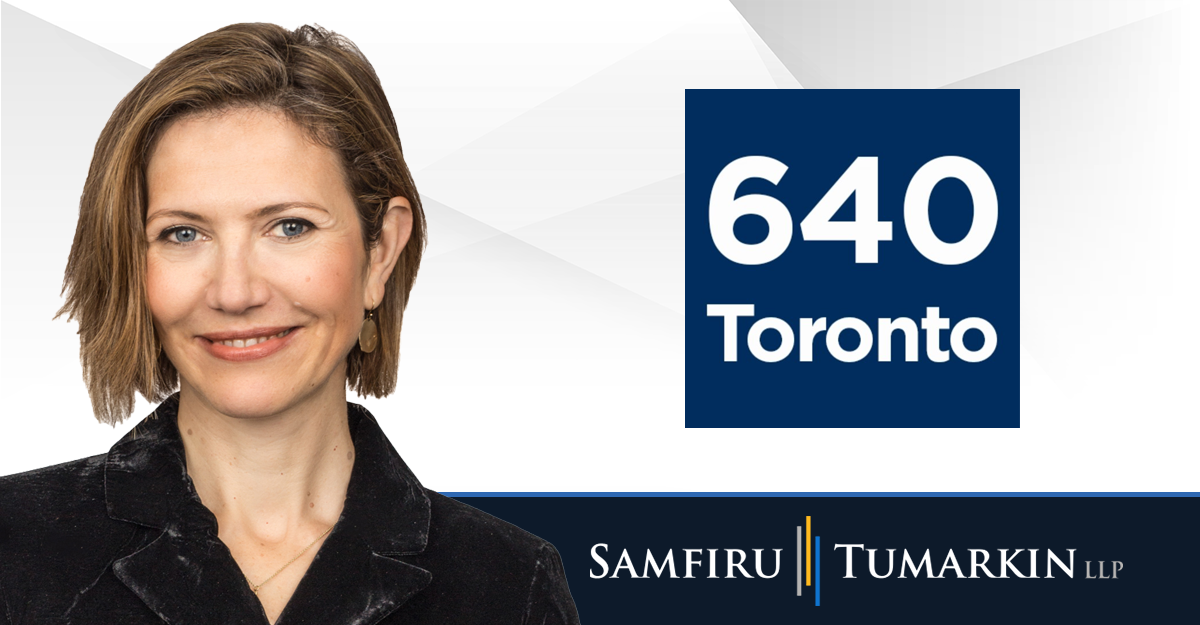 A headshot of Toronto employment lawyer Lumi Pungea next to the logos for Samfiru Tumarkin LLP and radio station 640 Toronto.