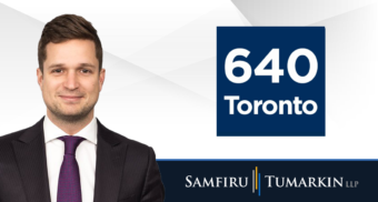 A headshot of Toronto employment lawyer Chris Justice next to the logos for Samfiru Tumarkin LLP and radio station 640 Toronto.