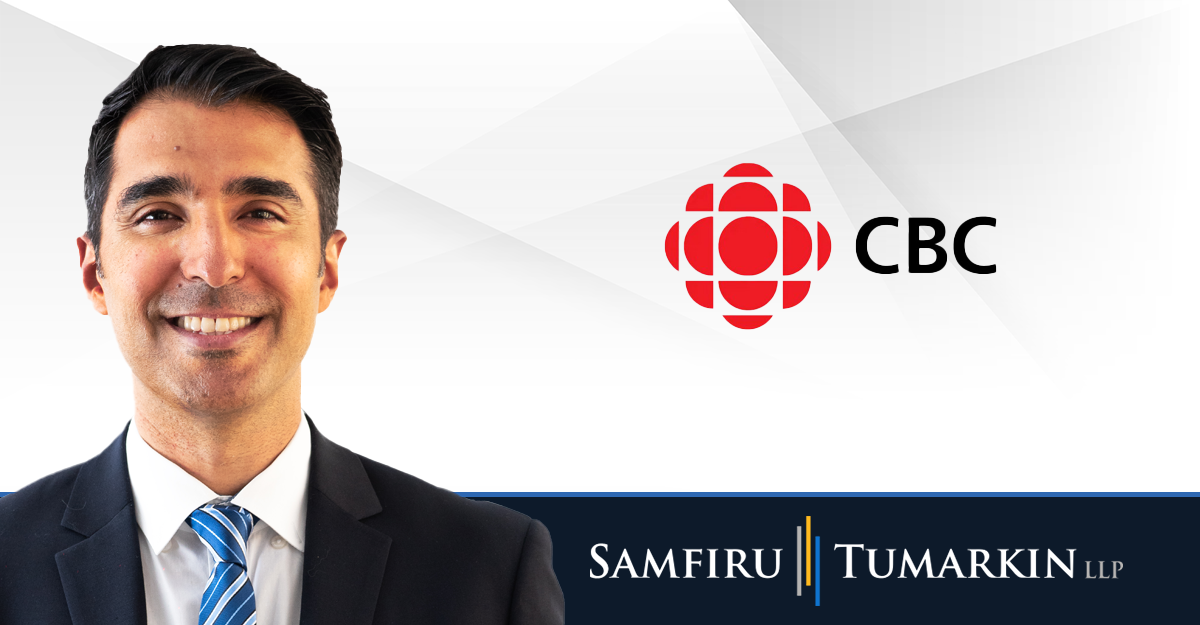 A headshot of Canadian employment lawyer Dan Balkaran next to the Samfiru Tumarkin LLP and CBC News logos.