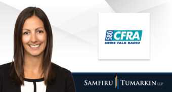 A headshot of Ontario employment lawyer Jennifer Corbett next to the logos for Samfiru Tumarkin LLP and Ottawa radio station Newstalk 580 CFRA.