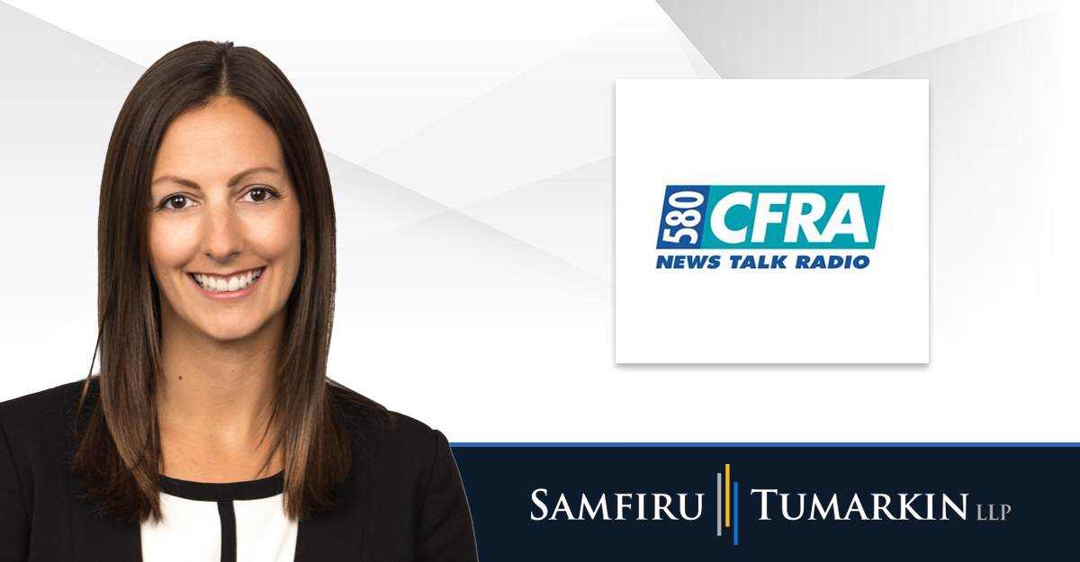 A headshot of Ontario employment lawyer Jennifer Corbett next to the logos for Samfiru Tumarkin LLP and Ottawa radio station Newstalk 580 CFRA.