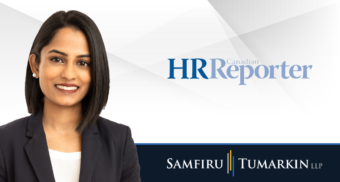 A headshot of Canadian employment lawyer Fiona Martin next to the Samfiru Tumarkin LLP and Canadian HR Reporter logos.