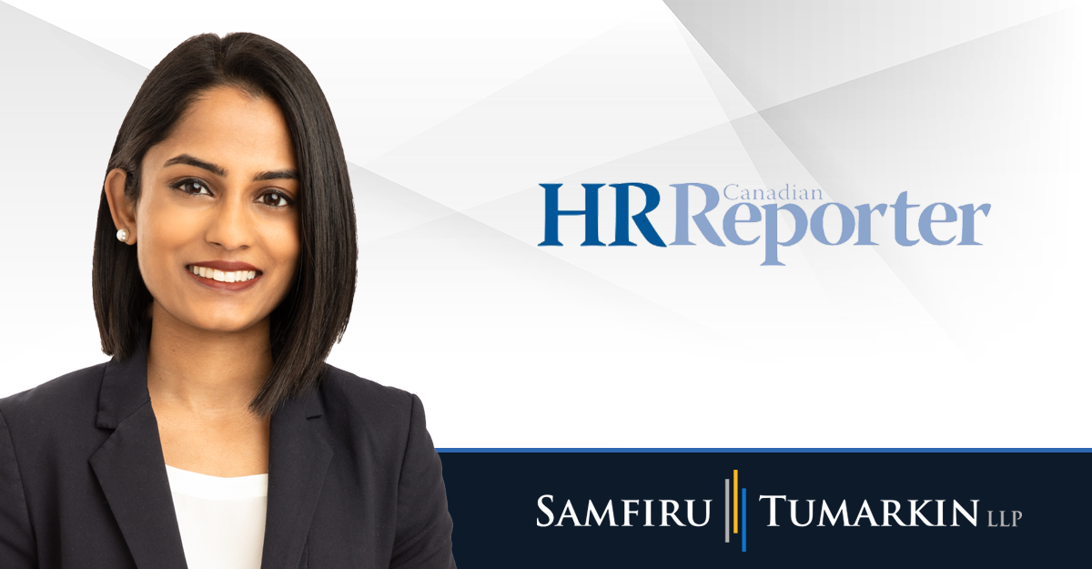 A headshot of Canadian employment lawyer Fiona Martin next to the Samfiru Tumarkin LLP and Canadian HR Reporter logos.