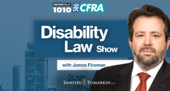 A headshot of Disability Lawyer James Fireman, Partner at Samfiru Tumarkin LLP, to the right of the Disability Law Show logo. He hosts the show on radio stations Newstalk 1010 in Toronto and Newstalk 580 CFRA in Ottawa, Ontario.