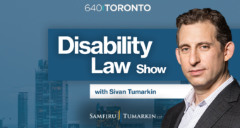 A headshot of Disability Lawyer Sivan Tumarkin, Co-founding Partner at Samfiru Tumarkin LLP, to the right of the Disability Law Show logo. He hosts the show on radio station 640 Toronto.