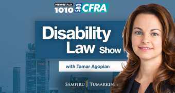 A headshot of Disability Lawyer Tamar Agopian, Partner at Samfiru Tumarkin LLP, to the right of the Disability Law Show logo. She hosts the show on radio stations Newstalk 1010 in Toronto and Newstalk 580 CFRA in Ottawa, Ontario.