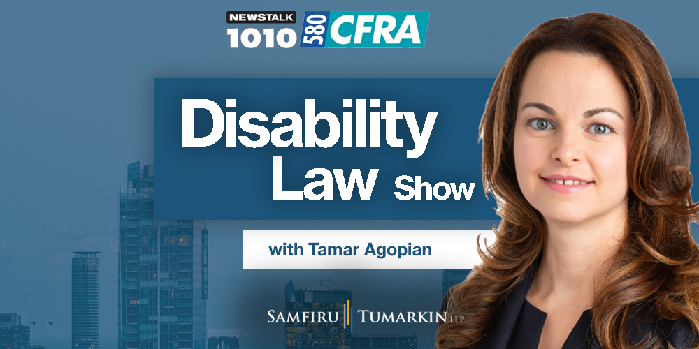 A headshot of Disability Lawyer Tamar Agopian, Partner at Samfiru Tumarkin LLP, to the right of the Disability Law Show logo. She hosts the show on radio stations Newstalk 1010 in Toronto and Newstalk 580 CFRA in Ottawa, Ontario.