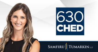 A headshot of Employment Lawyer Mackenzie Irwin at Samfiru Tumarkin LLP, to the left of the logos for radio station 630 CHED in Edmonton and Samfiru Tumarkin LLP.