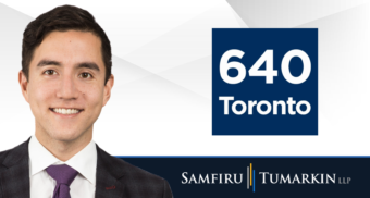 A headshot of Canadian disability lawyer Albert Klein next to the logos for Samfiru Tumarkin LLP and radio station 640 Toronto.