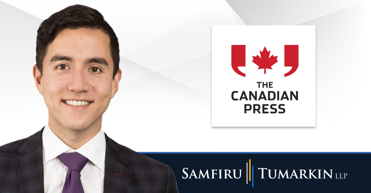 A headshot of Disability Lawyer Albert Klein, Partner at Samfiru Tumarkin LLP, to the left of the logos for the Canadian Press and Samfiru Tumarkin LLP.