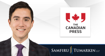 A headshot of Disability Lawyer Albert Klein, Partner at Samfiru Tumarkin LLP, to the left of the logos for the Canadian Press and Samfiru Tumarkin LLP.