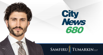 A headshot of Canadian employment lawyer Jeremy Herman next to the Samfiru Tumarkin LLP and CityNews 680 logos.