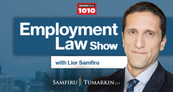 A headshot of Employment Lawyer Lior Samfiru, Co-founding Partner at Samfiru Tumarkin LLP, to the right of the Employment Law Show logo. He hosts the show on radio station Newstalk 1010 in Toronto, Ontario.