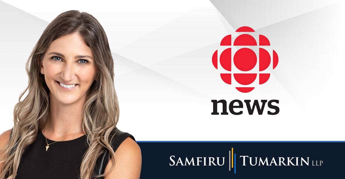 A headshot of Canadian employment lawyer Mackenzie Irwin next to the Samfiru Tumarkin LLP and CBC News logos.