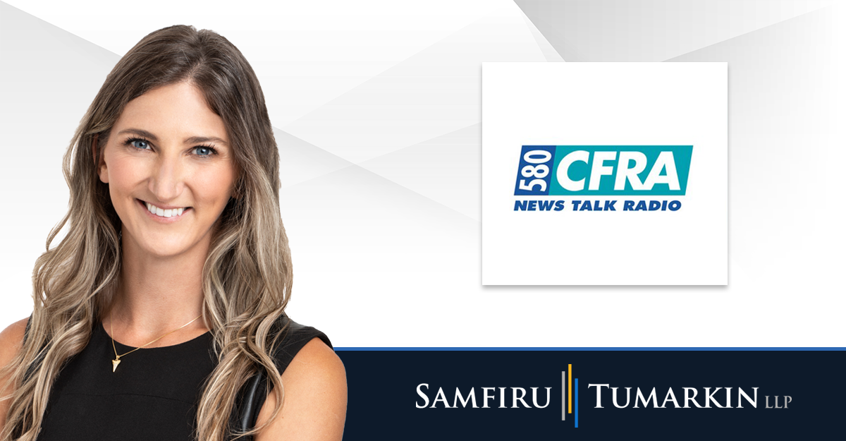 A headshot of Ontario employment lawyer Mackenzie Irwin next to the logos for Samfiru Tumarkin LLP and Ottawa radio station Newstalk 580 CFRA.