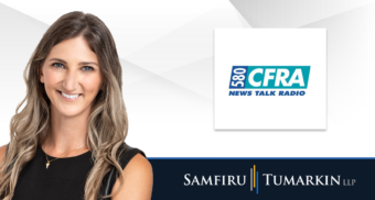 A headshot of Ontario employment lawyer Mackenzie Irwin next to the logos for Samfiru Tumarkin LLP and Ottawa radio station Newstalk 580 CFRA.