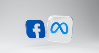 The Facebook and Meta logos are side by side, floating in front of a grey background