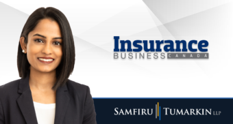 A headshot of Canadian employment lawyer Fiona Martin next to the Samfiru Tumarkin LLP and Insurance Business Canada logos.