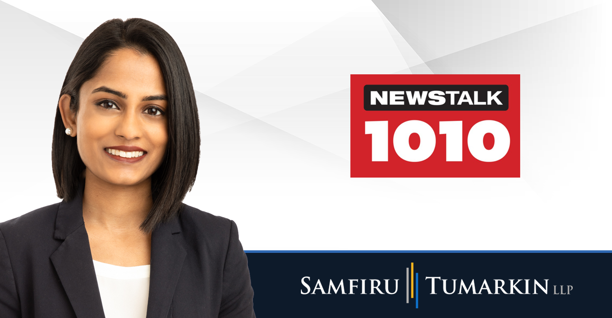 A headshot of Toronto employment lawyer Fiona Martyn next to the logos for Samfiru Tumarkin LLP and radio station Newstalk 1010 in Toronto.