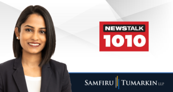 A headshot of Toronto employment lawyer Fiona Martyn next to the logos for Samfiru Tumarkin LLP and radio station Newstalk 1010 in Toronto.