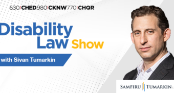 The headshot for Toronto disability lawyer Sivan Tumarkin is seen next to the Disability Law Show and Samfiru Tumarkin LLP logos. Sivan hosts the radio show in Vancouver, Calgary and Edmonton.