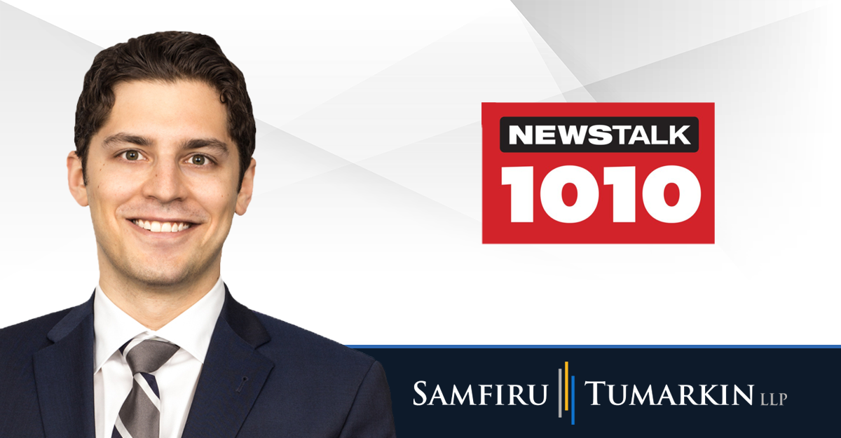 A headshot of Toronto employment lawyer Jon Pinkus next to the logos for Samfiru Tumarkin LLP and radio station Newstalk 1010 in Toronto.