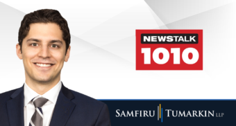 A headshot of Toronto employment lawyer Jon Pinkus next to the logos for Samfiru Tumarkin LLP and radio station Newstalk 1010 in Toronto.