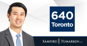 A headshot of Vancouver employment lawyer Sandy Chen next to the Samfiru Tumarkin LLP and 640 Toronto radio station logos.