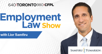 Employment lawyer Lior Samfiru's headshot, next to the Employment Law Show and Samfiru Tumarkin LLP logos. Lior hosts the radio show in Toronto and London, Ontario