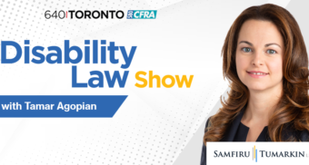 The headshot for Toronto disability lawyer Tamar Agopian is seen next to the Disability Law Show and Samfiru Tumarkin LLP logos. She hosts the radio show about long-term disability denials in Toronto and Ottawa.