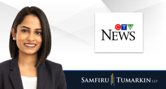 A headshot of Canadian employment lawyer Fiona Martin next to the Samfiru Tumarkin LLP and CTV News logos.