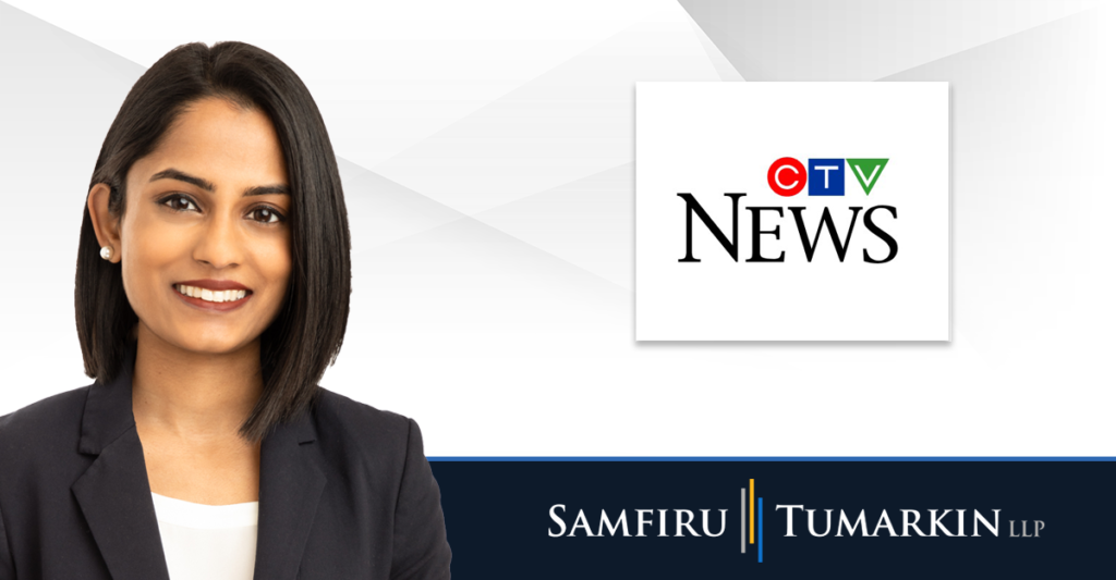 A headshot of Canadian employment lawyer Fiona Martin next to the Samfiru Tumarkin LLP and CTV News logos.