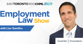 Employment lawyer Lior Samfiru's headshot, next to the Employment Law Show and Samfiru Tumarkin LLP logos. Lior hosts the radio show in Toronto, Hamilton and Ottawa, Ontario