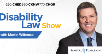 Vancouver and Calgary disability lawyer Martin Willemse's headshot, next to the Disability Law Show and Samfiru Tumarkin LLP logos. Martin hosts the radio show on Corus Radio in Vancouver, Calgary and Edmonton.