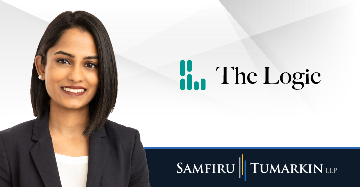 A headshot of Canadian employment lawyer Fiona Martin next to the Samfiru Tumarkin LLP and The Logic logos.