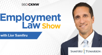 Vancouver employment lawyer Lior Samfiru's headshot, next to the Employment Law Show and Samfiru Tumarkin LLP logos. Lior hosts the radio show in Vancouver, B.C.