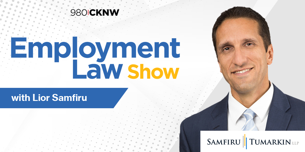 Vancouver employment lawyer Lior Samfiru's headshot, next to the Employment Law Show and Samfiru Tumarkin LLP logos. Lior hosts the radio show in Vancouver, B.C.