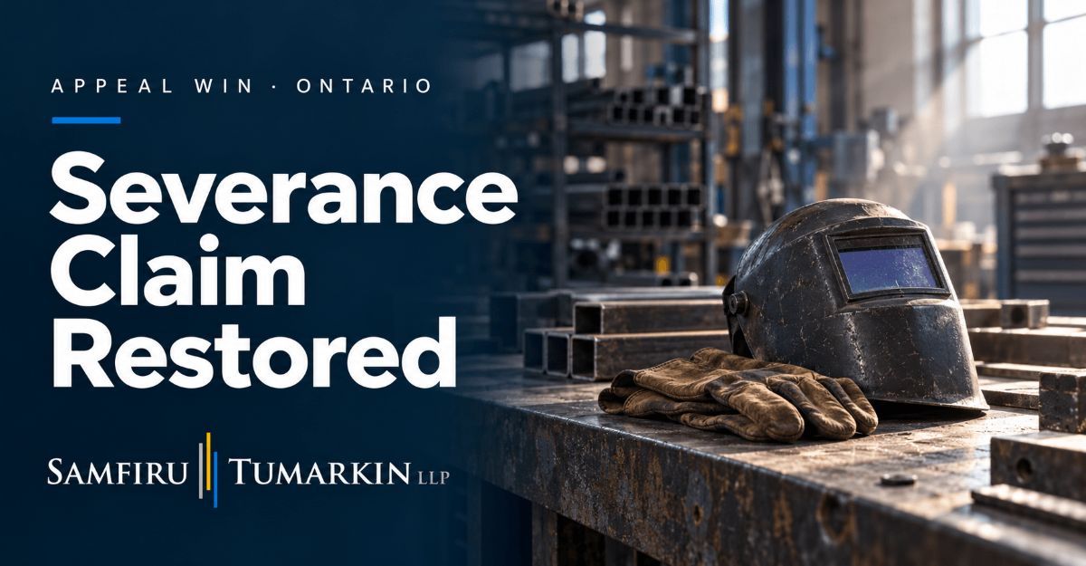 Welding helmet and gloves on a workshop bench beside “Severance Claim Restored” and the Samfiru Tumarkin LLP logo.