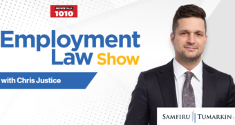 Toronto employment lawyer Chris Justice's headshot, next to the Employment Law Show and Samfiru Tumarkin LLP logos. Chris hosts the radio show on Newstalk 1010 in Toronto, Ontario.