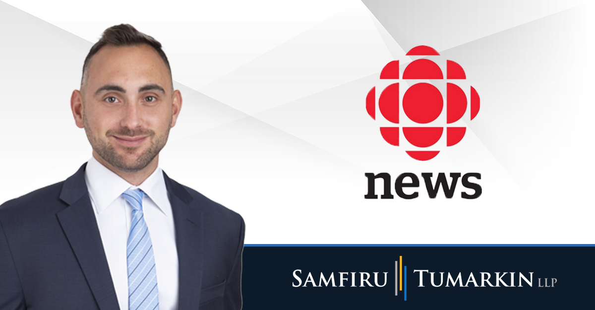 A headshot of Canadian employment lawyer Aaron Levitin next to the Samfiru Tumarkin LLP and CBC News logos.